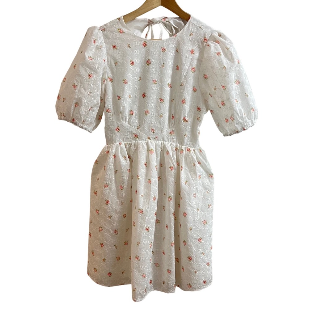White Floral Mini Dress with Puff Sleeves